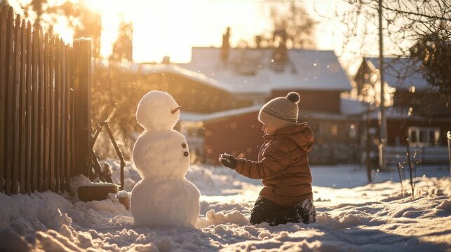 A child building a snowman in a cozy backyard with a wooden fence and snow-covered rooftops in the background
