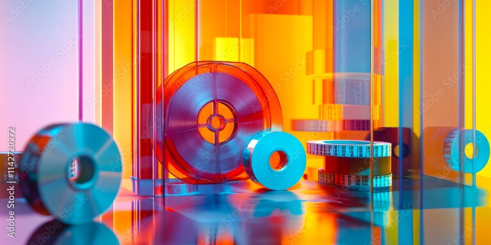 Poster a vibrant abstract composition featuring circular shapes and colorful translucent panels. the interp