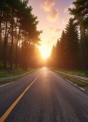 Fototapeta premium Spectacular sunset over a wide race track in the green woods, sunset, green, panoramic