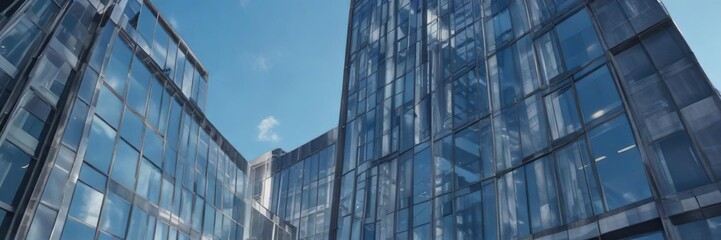 Steel and glass office building against blue sky, city skyline, modern architecture
