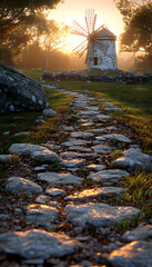 Sunrise Stone Path to Rustic Windmill,  Countryside, Peaceful Dawn.