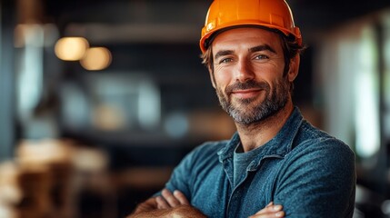 Construction worker smiling confidently in a workshop wearing an orange hard hat and casual attire