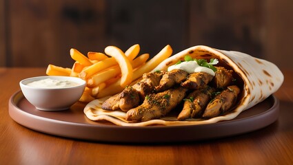 Introducing our mouthwatering chicken shawarma with crispy fries and a side of velvety garlic sauce – the perfect combination for any food lover. The chicken is expertly marinated and grilled.