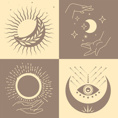 Astrological, esoteric symbols. Sun, stars, planets, moon, crescent