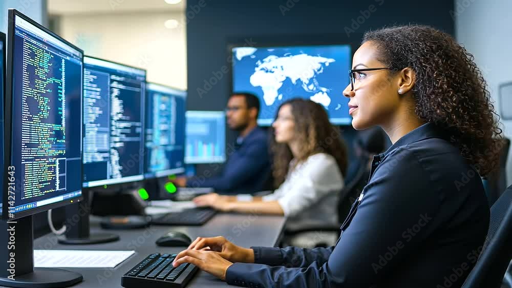 Aufkleber diverse team collaborating on cybersecurity project in modern workspace