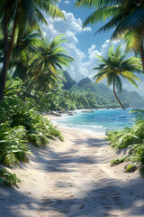 Fototapeta premium Tropical beach path, palm trees, ocean view, paradise landscape, travel brochure.