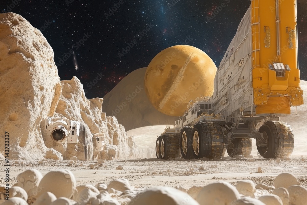 Poster exploration rover navigating the surface of an alien moon with a distant planet