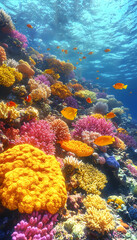 Naklejka premium Vibrant Coral Reef Ecosystem, Underwater Tropical Fish, Ocean Sunlight, Marine Life, Nature Background, Travel Poster.