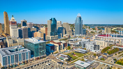 Aerial of Downtown Cincinnati Skyline and Ohio River