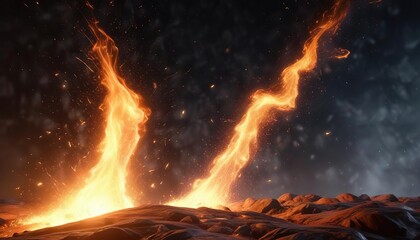 The air is filled with shimmering particles that seem to hold the very essence of fire within them, intense radiation, abstract fiery lightning, luminous specks