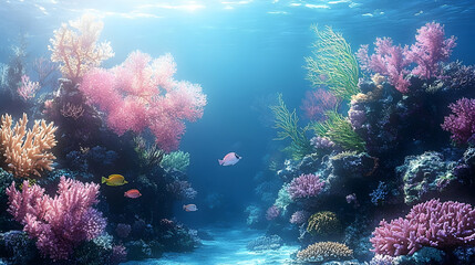 Vibrant coral reef underwater scene, showcasing diverse marine life and sunlight, ideal for ocean conservation campaigns.
