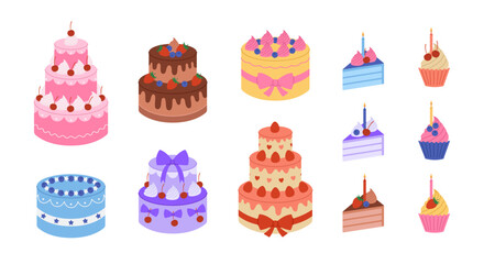 Set with colorful birthday cakes, cake slices and cupcakes with candles. Holiday desserts for anniversary, party. Festive confectionery. Vector flat illustration isolated on white background