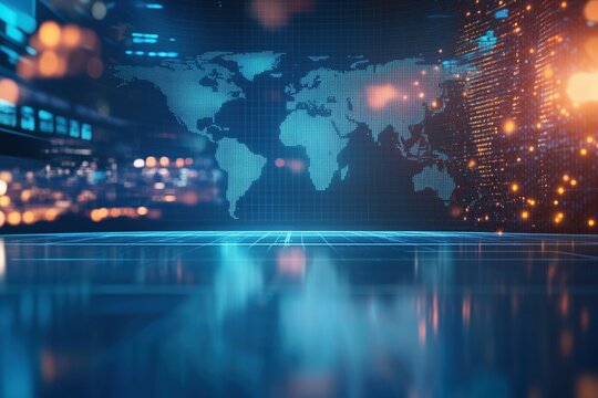 Empty news studio with a large world map behind a circular stage