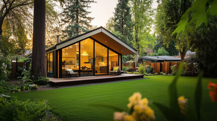 Modern backyard accessory dwelling unit: luxurious design amidst lush greenery and landscaping