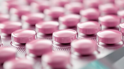Close-up of blister packs containing white pills arranged in order, pharmaceutical concept showcasing medication or supplement packaging