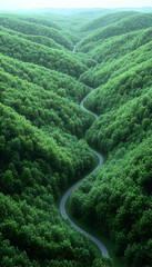 Winding road through lush green mountain valley, scenic overlook, travel, nature background, tourism.