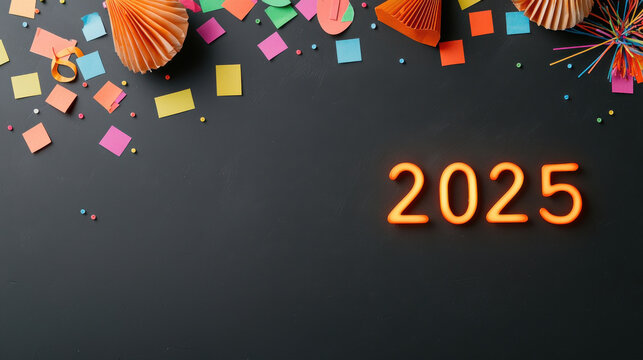 2025 Vision Board concept. Bright decorations and year 2025 on blackboard create festive vibe