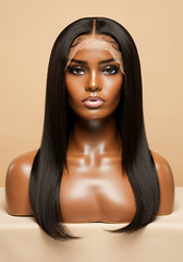 HD lace jet black lace frontal wig sitting on a mannequin head. neutral beige background