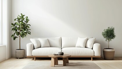Minimalist living room interior: simple couch and potted plant, natural light, cozy atmosphere