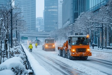Snowplows are clearing snow from a city street, ensuring safe driving conditions during a winter snowfall, with municipal workers monitoring the operation