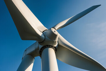 close-up of a wind turbine against a blue sky