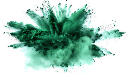 A dynamic burst of energetic green powder particles explodes against a white backdrop, ideal for design, art, and science themes, with vibrant colors, conveying motion and energy