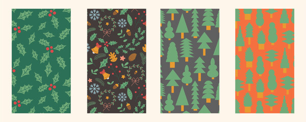 Set of vertical celebrating Christmas and New Year pattern backgrounds in vector. Templates for backdrop background poster postcards social media cover