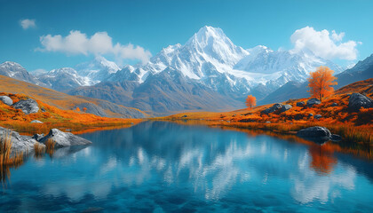 Obraz premium Autumnal Mountain Lake Reflection, Caucasus, Sunrise, Travel Poster.