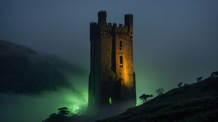 Obraz premium Enigmatic Castle Tower in Misty Night