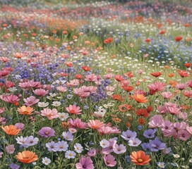 Watercolor illustration of a field of flowers, wildflowers, blooming flowers