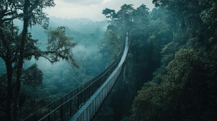 Fototapeta premium A breathtaking view from a rainforest treetop walkway, showcasing the sprawling canopy below