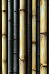 Fototapeta premium Black and beige bamboo wall texture, close-up view, Asian garden background, design material.