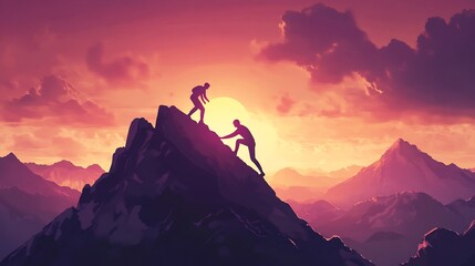 Fototapeta premium Sunset Mountain Climbers: A Helping Hand to Success