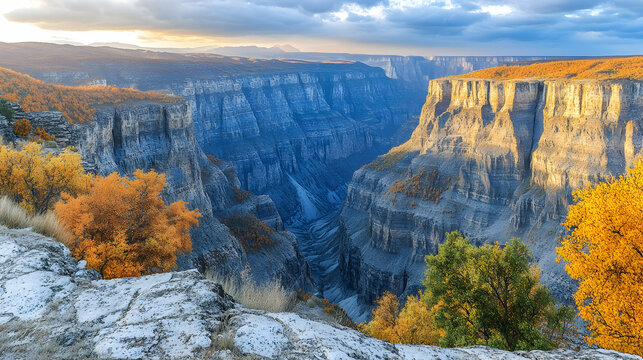 Autumnal Vikos Gorge sunset panorama, Greece; travel poster.