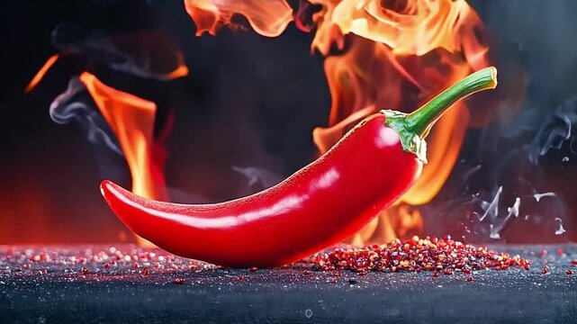 Bright red chili pepper rests on a surface sprinkled with spices as flames flicker in the background, creating an intense cooking atmosphere