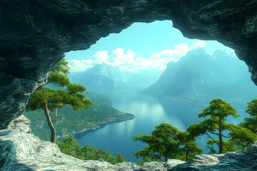 Cave Mountain Lake View Idyllic scenic vista through cave opening, overlooking tranquil lake and majestic mountains; ideal for travel, tourism, and nature documentaries.