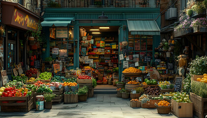 Fototapeta premium Charming Italian Produce Shop Street Scene, Sunlight, Food, Market, Background Buildings, Commercial Use.