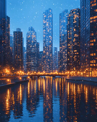 Obraz premium Chicago River Night Lights Winter Cityscape, travel poster, website banner.