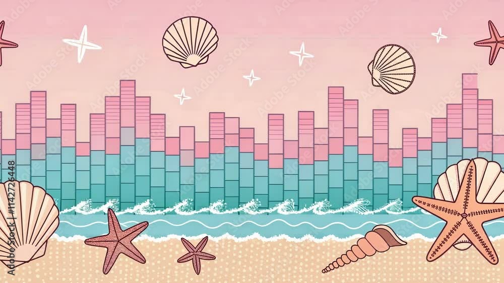 Poster retro wave a soft pastel color palette fills the screen where equalizer bars gradually rise and fall