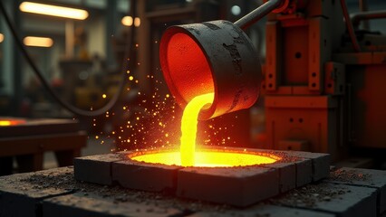 Molten Metal Pouring In Foundry Industry Setting with Bright Glowing Sparks
