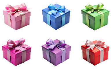 Collection set of colorful gift boxes with bow ribbons isolated on transparent background, Christmas, birthday, anniversary or Valentine's, holiday decor 01