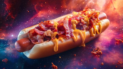 A delicious hot dog topped with crispy bacon and melted cheese against a vibrant cosmic background.