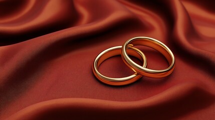 Two elegant gold wedding rings on rich red satin fabric, symbolizing love and commitment.