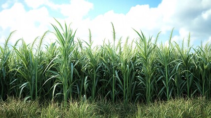 Fototapeta premium Lush green sugarcane field under a bright blue sky with fluffy clouds.