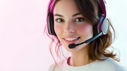 Young woman wearing a headset smiles while engaging in a virtual communication-focused activity in a bright, modern environment