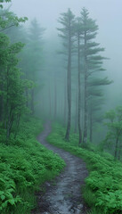Obraz premium Foggy Mountain Trail Winding Path Through Lush Green Forest.