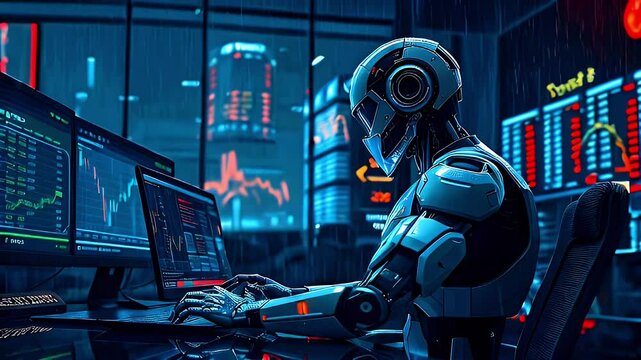 A futuristic robot analyzes financial data in a high-tech trading environment.