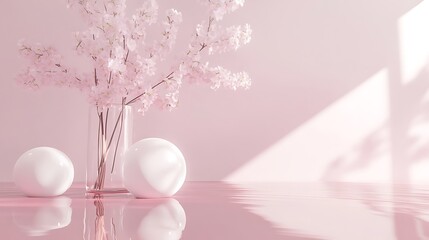 Pink blossoms in glass vase with white spheres on pink surface