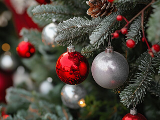 Close-up of Pine tree leaves with red and silver balls