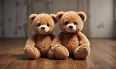 Obraz premium Fluffy teddy bear sits on polished wood surface, white, sweet